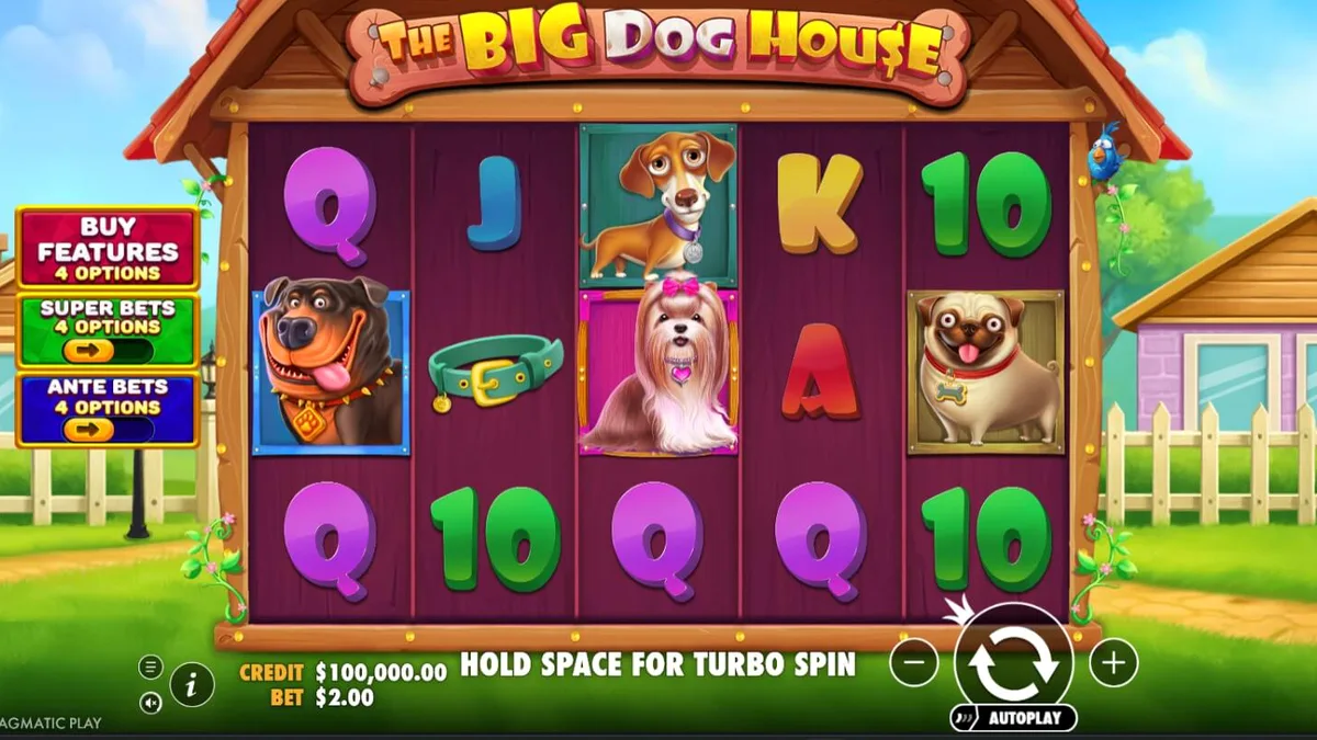 Tampilan visual slot The Big Dog House dengan karakter anjing yang ceria